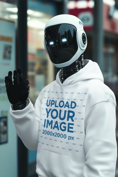 Pullover Hoodie Mockup Featuring an AI-Created Robot Waving in an Urban Setting m56478