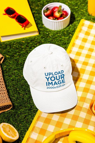 Mockup of an Embroidered Dad Hat Lying on a Nice Summer Picnic Setting m56212