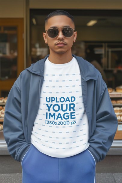 Round-Neck T-Shirt Mockup of an AI-Generated Man Standing Against a Bakery Shop