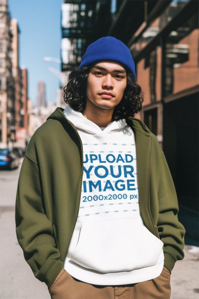 Pullover Hoodie Mockup Featuring an AI-Created Stylish Man Posing in the Street m56372