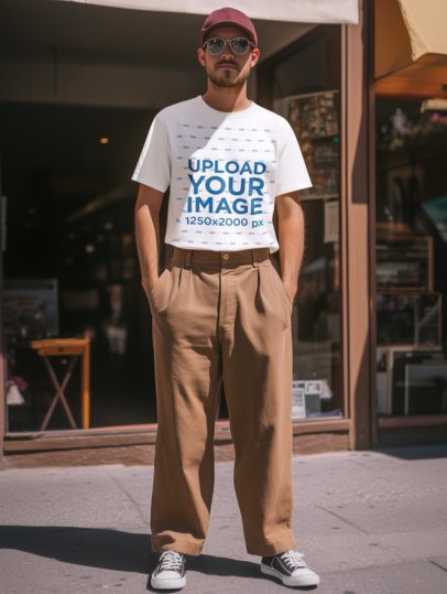 T-Shirt Mockup Featuring an AI-Created Man With a Retro Style Posing on a Sidewalk m56388