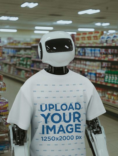 T-Shirt Mockup of an AI-Generated Robot Posing in a Supermarket