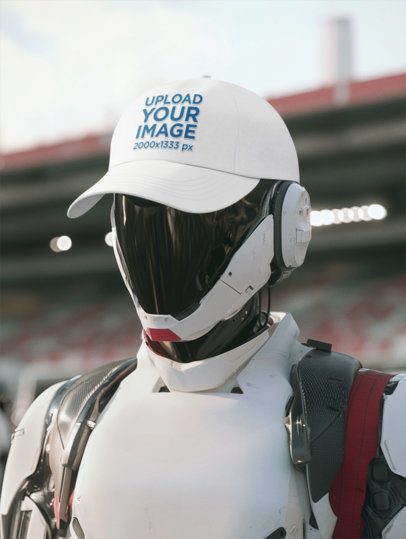 Dad Hat Mockup of an AI-Generated Robot Posing in a Sports Stadium m56465