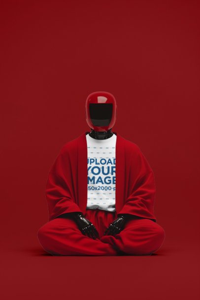 T-Shirt Mockup Featuring an AI-Created Robot Sitting on a Customizable Surface