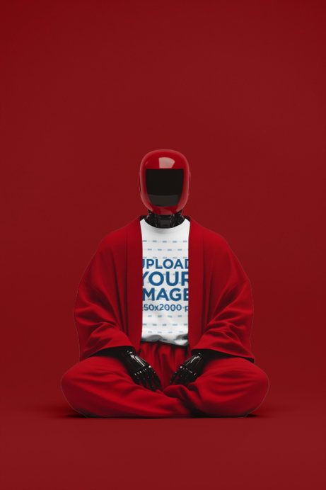 T-Shirt Mockup Featuring an AI-Created Robot Sitting on a Customizable Surface