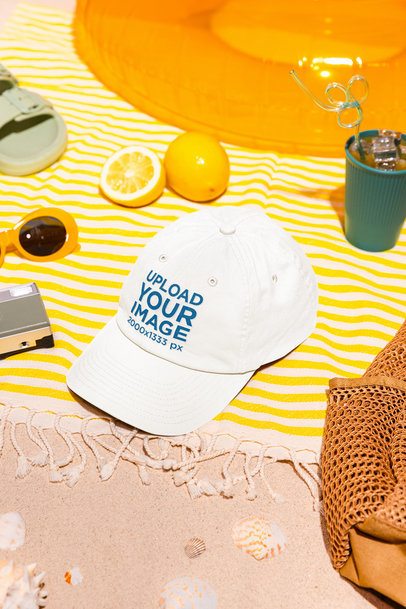 Embroidered Dad Hat Mockup Featuring a Setting With Beach Stuff m56213