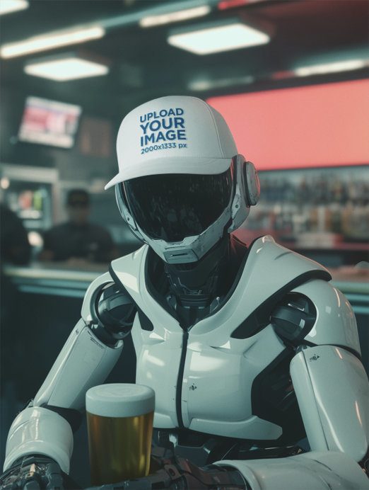 Dad Hat Mockup Featuring an AI-Created Robot Posing in a Bar With a Beer