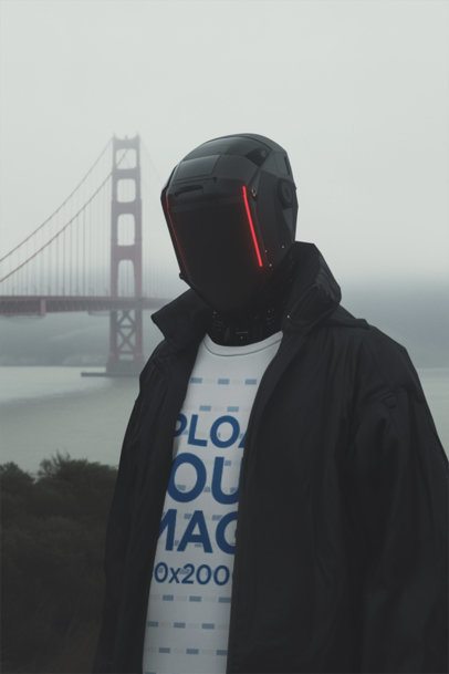 AI-Created Mockup Featuring a Robot Wearing a T-Shirt While Posing Against a Popular Bridge