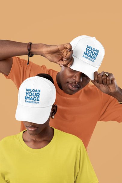 Embroidered Dad Hat Mockup of a Man and a Woman Posing in a Studio