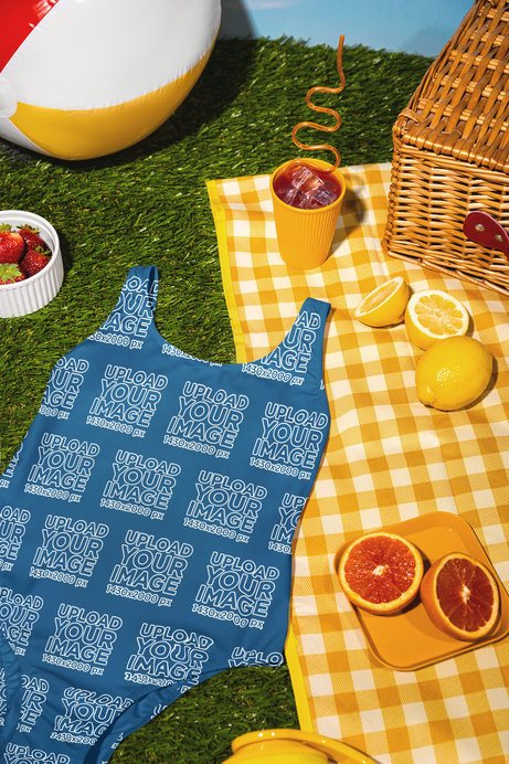 Mockup of a Sublimated Swimsuit Lying on a Picnic-Themed Setting
