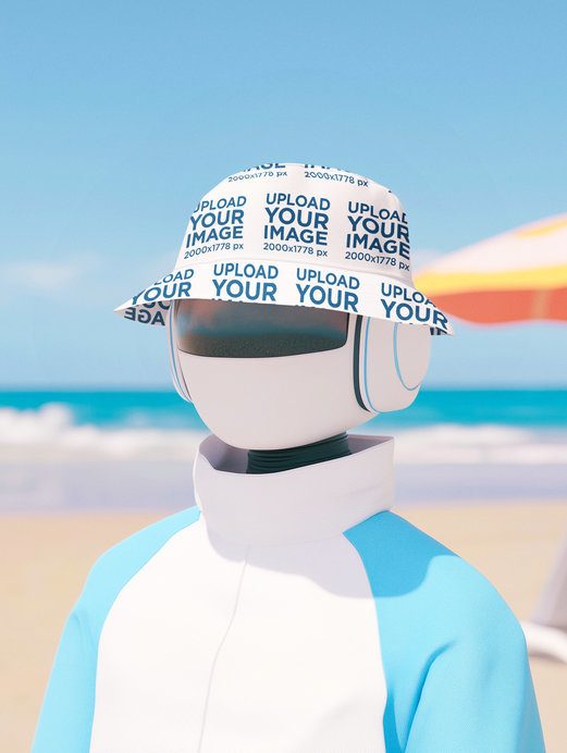 Bucket Hat Mockup Featuring an AI-Created Robot Standing on the Beach