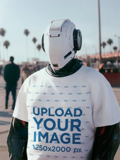 T-Shirt Mockup of an AI-Generated Robot Standing on a Sidewalk