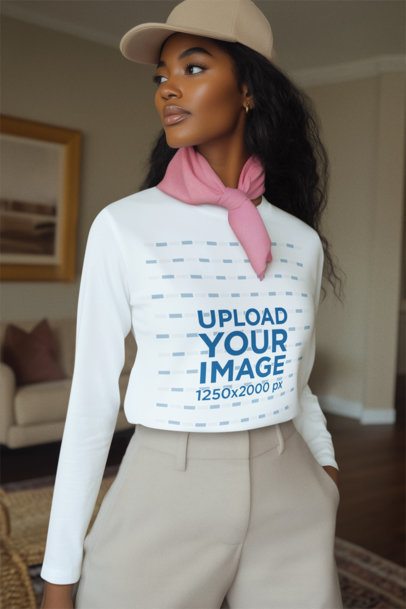 Long-Sleeve Tee Mockup of an AI-Generated Woman With a Stylish Look Posing in a Living Room m56374