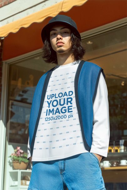 Long-Sleeve Tee Mockup Featuring an AI-Created Man Standing Outside a Store m56373
