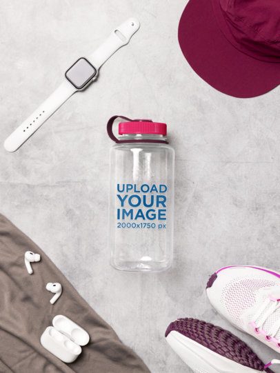 Mockup of a Nalgene Water Bottle Lying on a Surface Surrounded by Fitness Stuff m55037
