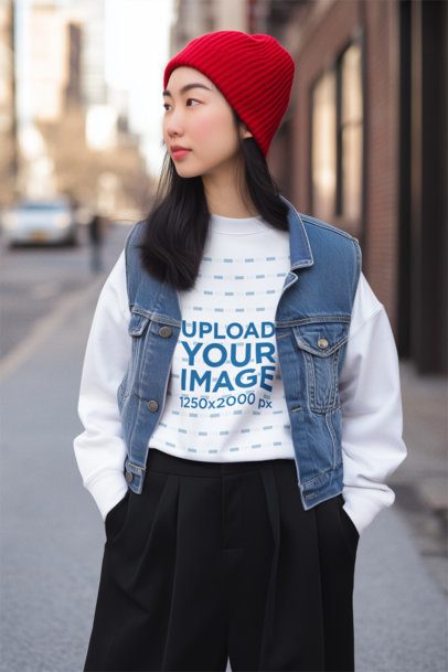 Sweatshirt Mockup of an AI-Generated Woman in Dark Pants Walking on the Street m56375