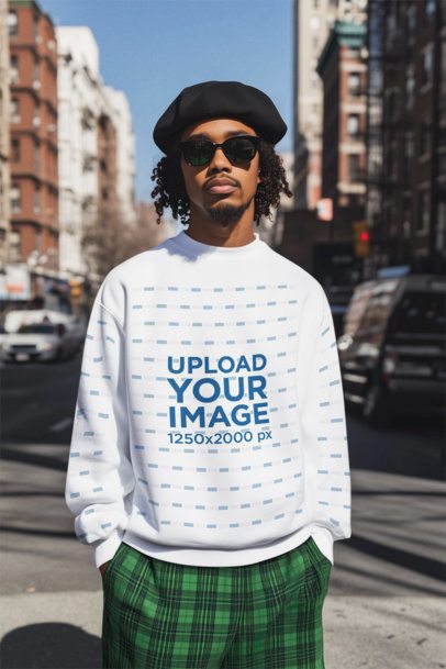 Crewneck Sweatshirt Mockup of an AI-Generated Cool Man Standing in the Street m56376