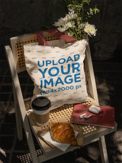 Mockup of a Tote Bag Placed on a Chair With a Coffee and a Croissant m56508