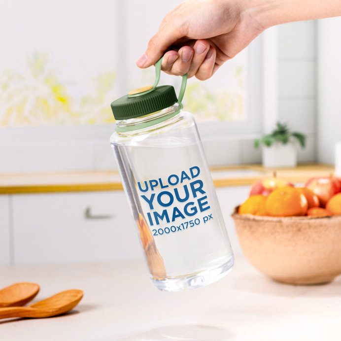 Mockup of a Person Holding a Nalgene Bottle Filled With Water in a Kitchen