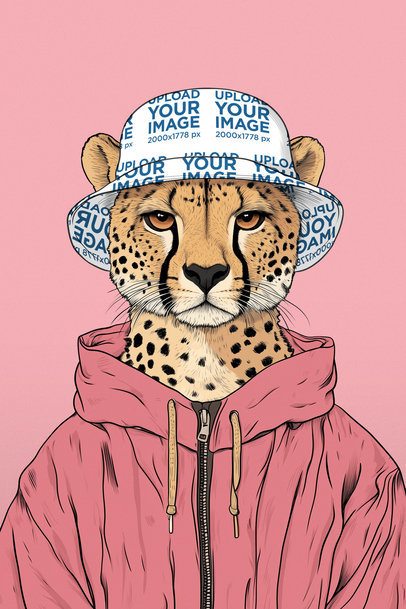 Bucket Hat Mockup Featuring an AI-Created Cheetah Illustration Posing in a Studio