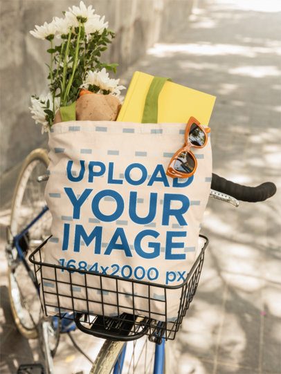 Mockup Featuring a Tote Bag Filled With Flowers and Stuff Placed Inside a Bicycle Basket m56505
