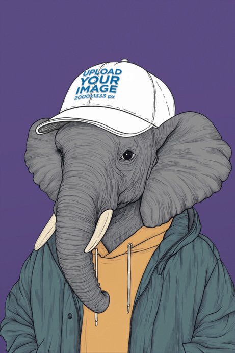 Dad Hat Mockup of an AI-Generated Elephant Graphic Wearing Clothes in a Studio