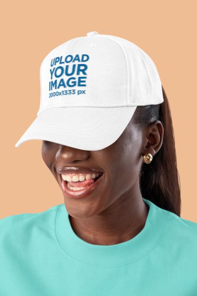 Dad Hat Mockup Featuring a Cheerful Woman Posing in a Studio With a Colorful Background