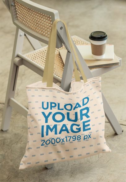Mockup Featuring a Sublimated Tote Bag Hanging From a Nice Chair m56513