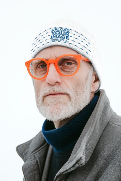 Beanie Mockup of an AI-Generated Senior Man Wearing Colorful Glasses