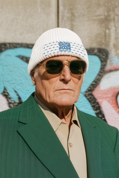 Beanie Mockup of an AI-Generated Senior Man Posing With a Serious Expression in the Street