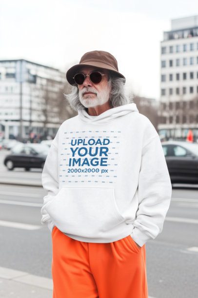 Pullover Hoodie Mockup Featuring an AI-Created Elder Man Posing in the Street