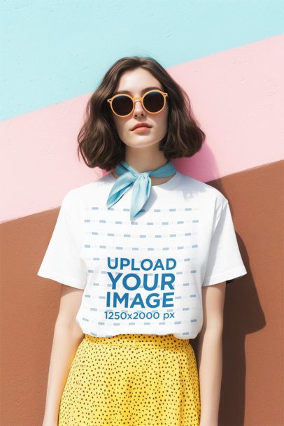 T-Shirt Mockup Featuring an AI-Generated Stylish Woman Posing Against a Painted Wall m56377