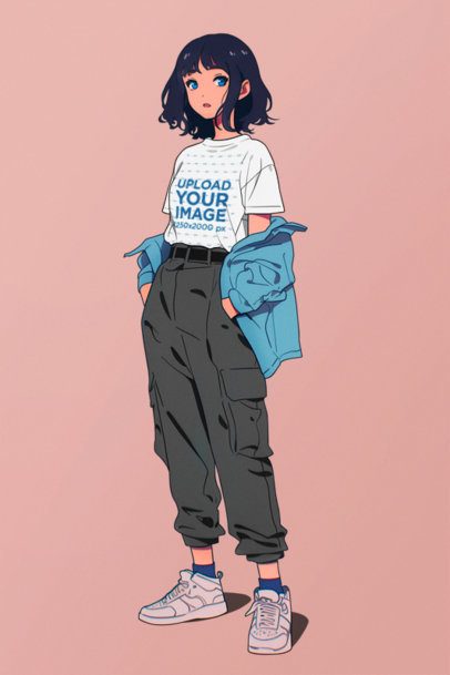 T-Shirt Mockup of an AI-Generated Anime Young Woman Posing in a Colorful Background m54464