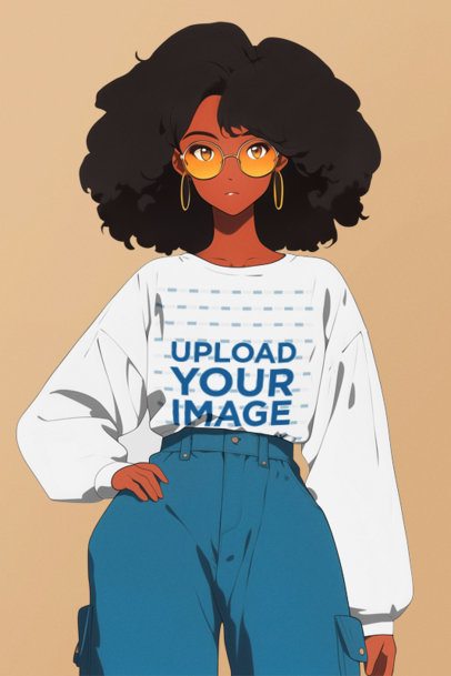 Long-Sleeve Tee Mockup Featuring an AI-Created Anime Woman With a Retro Hairstyle m53766