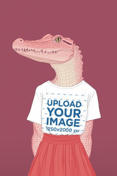 Round-Neck T-Shirt Mockup Featuring an AI-Created Crocodile Graphic Posing in a Studio