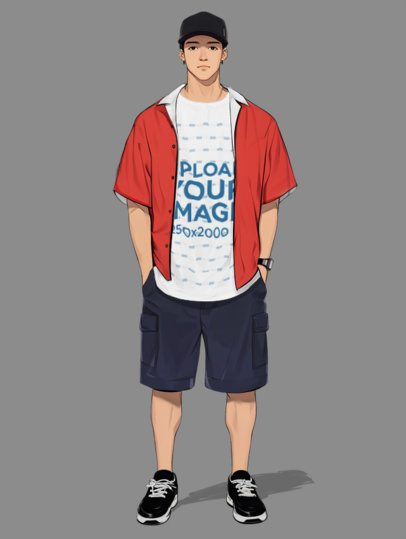 T-Shirt Mockup of an AI-Generated Anime Man Standing in a Studio With His Hands in His Pockets m56367