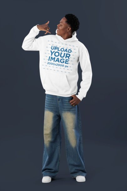 Pullover Hoodie Mockup Featuring a Man Making a Call Sign With His Hand
