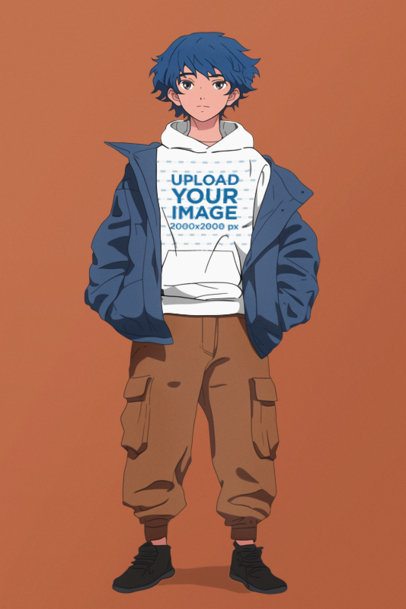 Hoodie Mockup Featuring an AI-Created Anime Young Man Standing in a Studio m53386