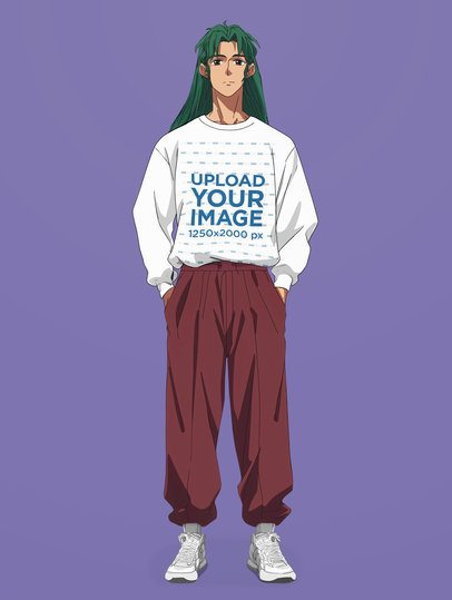 Sweatshirt Mockup Featuring an AI-Created Anime Man With Long Colored Hair Posing in a Studio m56366