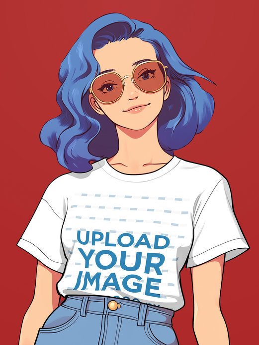T-Shirt Mockup of an AI-Generated Smiling Anime Woman Posing in a Studio With a Stylish Look