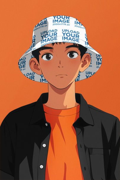 Bucket Hat Mockup of an AI-Generated Anime Young Man Standing Against a Colorful Surface