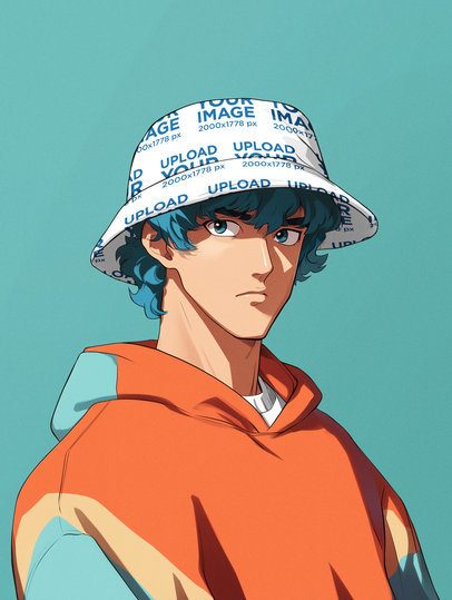 Bucket Hat Mockup Featuring an AI-Created Man With a Colorful Hairstyle in a Studio