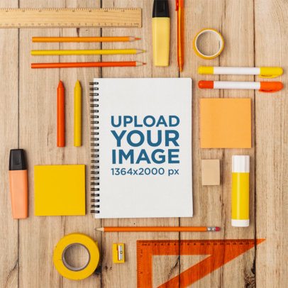 Spiral Notebook Featuring a Wooden Background and School Supplies m56733