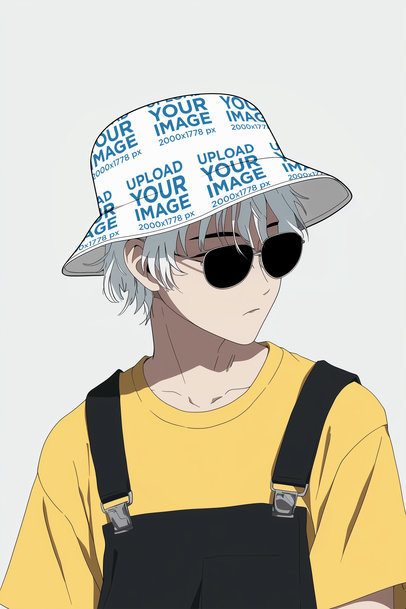 Bucket Hat Mockup of an AI-Generated Anime Man Posing in a Studio With Dark Sunglasses