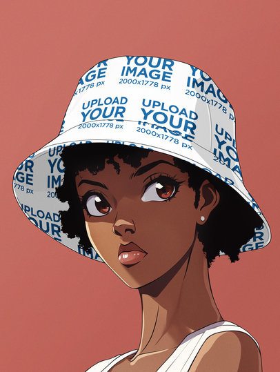 Bucket Hat Mockup Featuring an AI-Created Anime Woman Posing Against a Customizable Backdrop