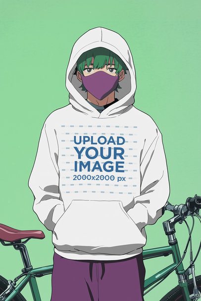 Anime-Themed Mockup of an AI-Generated Young Man in a Hoodie Posing Against a Bike m56453