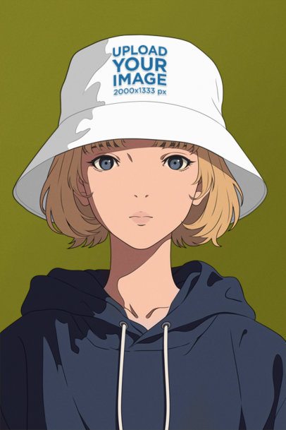 Bucket Hat Mockup Featuring an AI-Created Anime Young Woman Posing in a Studio