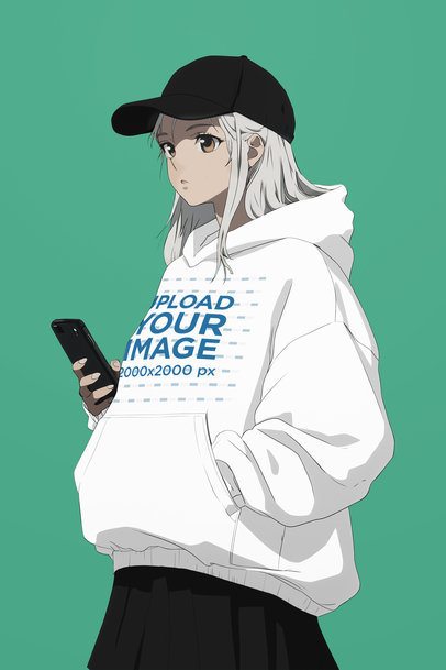 Hoodie Mockup Featuring an AI-Generated Anime Young Woman Holding a Smartphone in a Studio m56452