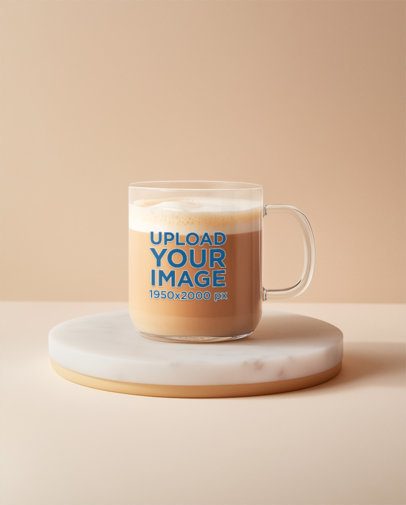 Mockup of an AI-Generated Clear Glass Mug Filled With Latte Placed in a Marble Surface m54823