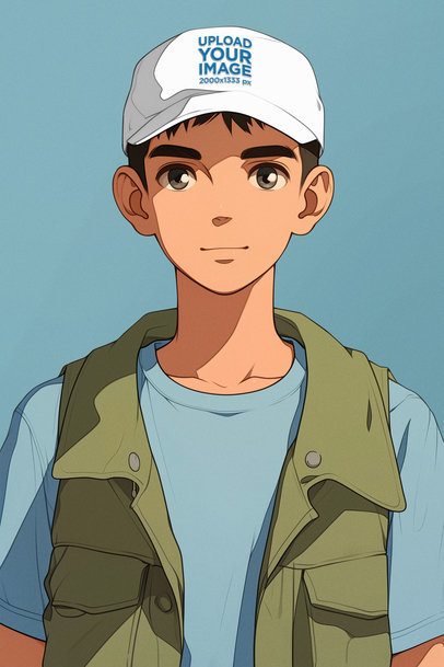 Embroidered Dad Hat Mockup Featuring an AI-Created Anime Teenage Boy in a Studio m52039